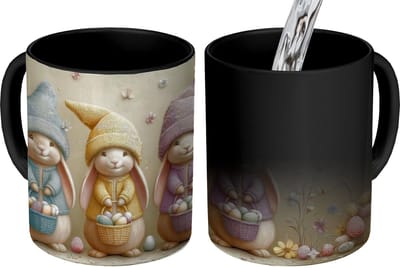 Magische Mok - Foto op Warmte Mokken - Koffiemok - Konijntjes - Pastelkleuren - Eieren - Bloemen - Magic Mok - Beker - 350 ML - Theemok