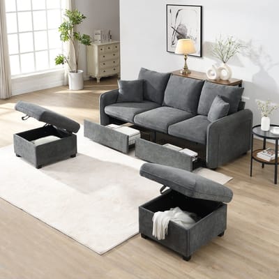 U-Bank, 3-Zits Bank, Multifunctionele Hoekbank U-vormige Driezits Gestoffeerde Bank met Opbergfunctie - Inclusief Lades + Kruk met Opbergvak, Modulair Gedemonteerd Bankstel met Slaapfunctie, Corduroy Stof -Grijs
