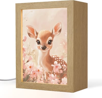 Nachtlampje 15x20 cm - Kinder lampje - Hertje - Illustratie - Bloemen - Roze - Tafellamp kinderkamer - Slaapkamer lamp - Bedlamp kinderen - Kinderlampje stopcontact - Wandlamp babykamer - Nachtlampjes