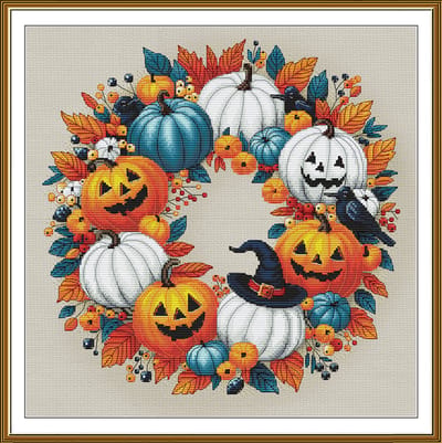 Borduurpakket Nova Sloboda - Halloween Wreath - Halloween Krans - met bewerkte achtergrond