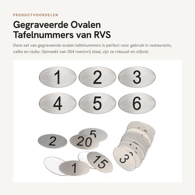 Dailygoods- Tafelnummer Gegraveerd - 20 Stuks - Ovalen Labels - Roestvrij Staal - Dubbelzijdig Plakband - Ideaal voor Restaurants - Tafelnummering