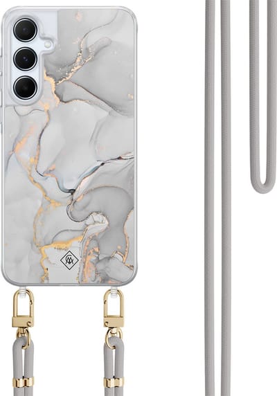 Casimoda® hoesje met koord - Geschikt voor Samsung A15 - Marmer Grijs - Afneembaar koord - TPU/polycarbonaat - Grijs