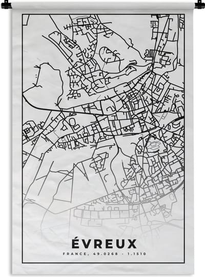 Wandkleed - Wanddoek - Stadskaart – Plattegrond – Évreux - Kaart – Frankrijk - Zwart wit - 120x180 cm - Wandtapijt