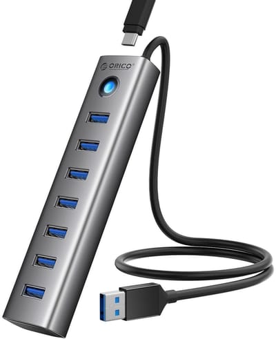 GELLDG USB 3.0-hub - 7-poorts USB 3.0-hub - Aluminium multiport-adapter - Met 50 cm kabel - 5 Gbps gegevensoverdracht - 5V 3A Type-C-poort - Geschikt voor pc's, laptops, MacBooks, PS4, Surface Pro, externe harde schijven en meer.