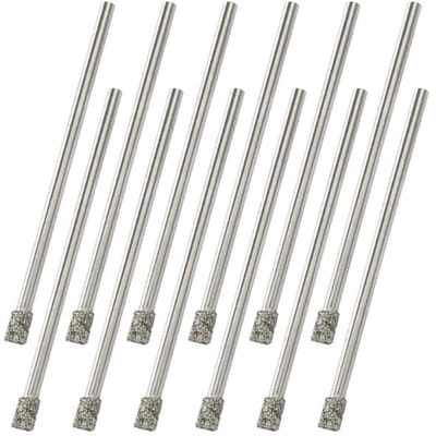 Een set van 12 diamantboren van 3 mm is geschikt voor het boren in materialen zoals glas, keramiek, tegels, porselein, marmer, graniet en steen.