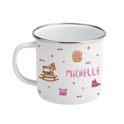 Emaille mok met naam - Gepersonaliseerde drinkbeker - kraamcadeau - Giraf mama en baby in aquarel - roze meisje
