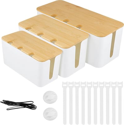 Drie-delige kabeldoos set met bamboe deksel, kabelbeheer, stroomstrip, 24x11.5x12 cm, 32x13.7x12.7 cm, 40.6x15.5x13.5 cm, georganiseerd en stijlvol kabelbeheer
