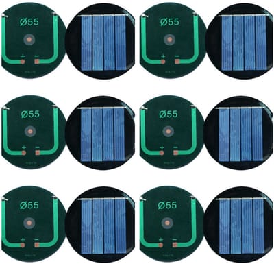 Set van 6 ronde zonnepanelen van polykristallijn silicium, mini-zonnepaneelmodules, geschikt voor lichtgewicht speelgoedladers, kleine zonnecellen, enz., 55 x 55 mm, 2V, 100mA