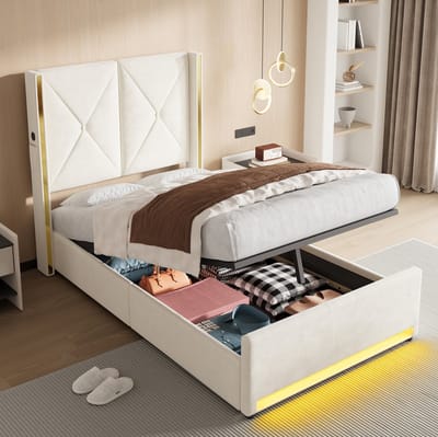 HAUSS SPOLE Fluwelen Bed 90x200 cm - Met USB, USB-C, LED en Opbergruimte - Zonder Matras - Hoog Hoofdbord - Beige