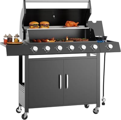 Propaanbarbecue met 6 hoofdbranders en 1 roestvrijstalen zijbrander – barbecuewagen van 60.000 BTU – voorzien van warmhoudrek, onderkast en 2 zwenkwielen met rem – geschikt voor in de tuin, op het terras en op de camping