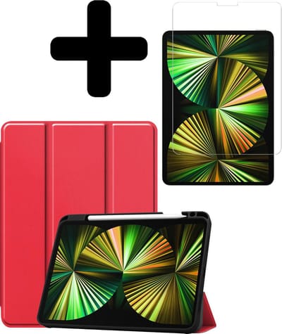 Hoesje - Geschikt voor Apple iPad Pro (2021) - 12.9 inch - Met Screenprotector - Trifold Bookcase Hoes - Hard Cover Case - Met Uitsparing Geschikt voor Apple Pencil - Hardcover Book - Tablethoes - Rood