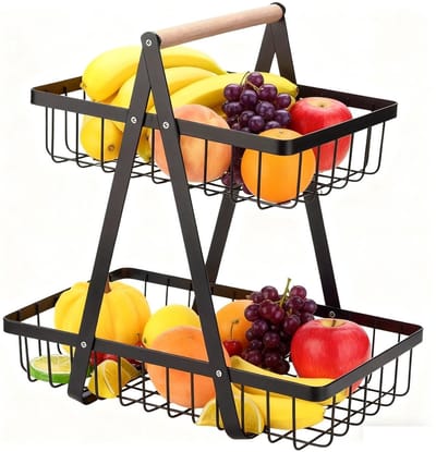 Dailygoods- Fruitmand 2 Laags - Fruit Etagere - Zwarte Fruitmand - Praktische Opbergmand - Duurzaam Staal - Afmetingen 30.2x19.5x33.5 cm - Fruitschaal