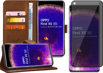 Hoesje geschikt voor Oppo Find X5 - Privacy Screenprotector Volledig Dekkend Glas - Portemonnee Book Case Bruin