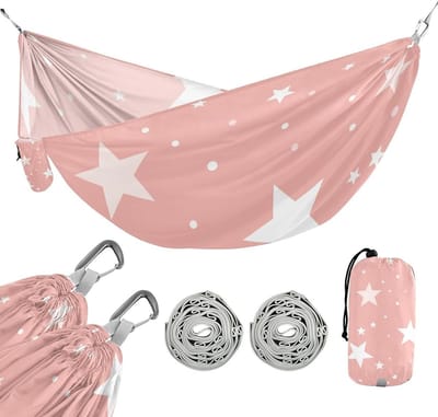 Camping Hangmat - Stoffen Hangmat - Buiten Ontspannen - Hoge Draagkracht - 290 x 138 cm - Roze Ster