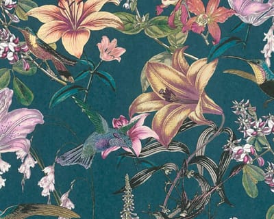 VOGELS EN BLOEMEN BEHANG | Botanisch & Dieren - meerkleurig blauw groen - "Architects Paper" A.S. Création Jungle Chic