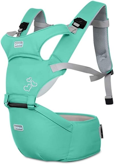 SONARIN Front Premium hipseat babydrager, multifunctioneel, ergonomisch, 100% katoen, vlindergesp, 6 draagposities, aangepast aan je kind groeiend, ideaal geschenk (groen)