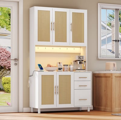 MEUNIQ keukenkast 100 x 40 x 183 cm met LED-verlichting, stopcontacten, USB-aansluiting, verstelbare legplanken, 3 lades en 5 deuren voor keuken of eetkamer, wit