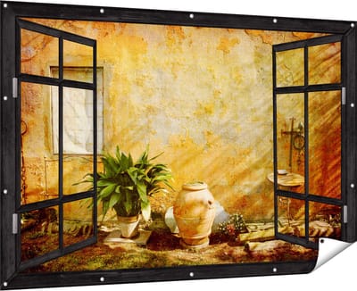 Gards Tuinposter Doorkijk Oude Stenen Muur - 180x120 cm - Tuindoek - Tuindecoratie - Wanddecoratie buiten - Tuinschilderij