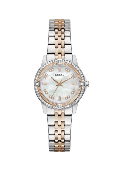 Guess Colette Quartz Analoog Horloge Zilverkleurig En Roségoudkleurig Kast Gemaakt Van 100% Roestvrij Staal En Een Armband Van 100% Roestvrij Staal 32 GW1027L1, GW1027L2, GW1027L3, GW1027L5