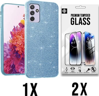 Casemania Hoesje Geschikt voor Samsung Galaxy A15 - Blauw - 2X Glazen Screenprotector - Glitter Back Cover