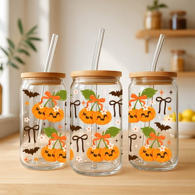Creasowl® Pumpkin Cherrie Glazen Beker 500 ml met Deksel & Glazen Rietje – Herfst & Halloween Drinkbeker – Schattige Iced Coffee Cup – Smoothie & Thee Glas – Origineel Cadeau voor Vriendinnen & Familie
