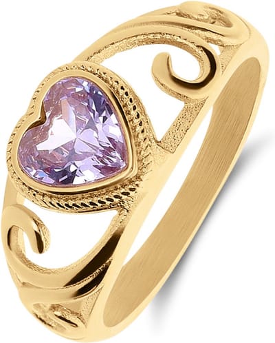 Lucardi Dames vintage ring met hart paars – Maat 53 – 17mm - Ring - Cadeau - Staal goldplated - Goudkleurig