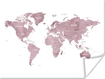Poster Wereldkaart - Roze - Design - 160x120 cm XXL