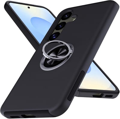 Casemania Hoesje Geschikt voor Samsung Galaxy S25 Plus - Zwart - Armor Back Cover met Kickstand Ring