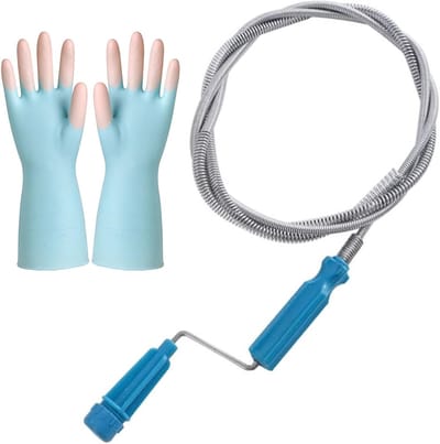 Pijpreinigingsspiraal 3 m voor effectieve afvoerreiniging, inclusief latexhandschoenen, ideaal voor toilet, wastafel en badkuipafvoer