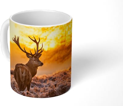 Mok - Koffiemok - Hert - Dieren - Zonsondergang - Winter - Heide - Natuur - Mokken - 350 ML - Beker - Koffiemokken - Theemok