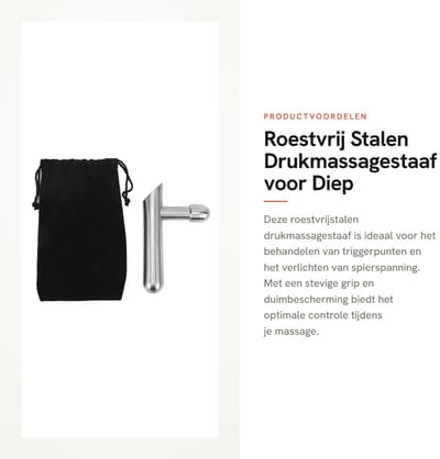 Dailygoods- Drukmassagestaaf Roestvrij Staal - T-Stang Massagegereedschap - Diep Weefsel - Triggerpunten - Inclusief Opbergtas - 11,9 cm