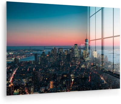 ® Glasschilderij 180x120 cm - Schilderij acrylglas - Indrukwekkende zonsondergang bij het World Trade Center in Manhatten - Foto op glas - Muurdecoratie woonkamer - Wanddecoratie slaapkamer - Schilderijen