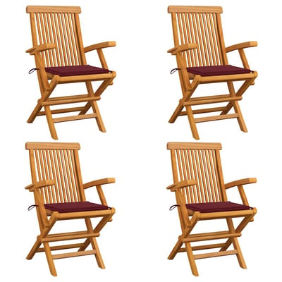 vidaXL - Klapstoelen - met - wijnrode - kussens, - 4 - stuks, - massief - teakhout