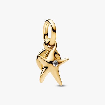 Fler® | Bedel | Past op populaire bedelarmbanden (standaard - 3mm) | Goudkleurige Zeester Bedel | Hangbedel Charm | 925 sterling zilver | Transparante zirkonia | Valentijnsdag Cadeau | Sinterklaas kado | Kerstcadeau |Verjaardagsgeschenk |Vriendschap