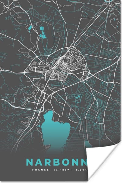 Poster Kaart – Stadskaart – Narbonne - Plattegrond – Frankrijk - 120x180 cm XXL