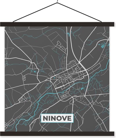 Posterhanger incl. Poster 60x60 cm - Schoolplaat - België – Ninove – Stadskaart – Kaart – Blauw – Plattegrond - Textielposter - Zwarte latten - Stadskaart