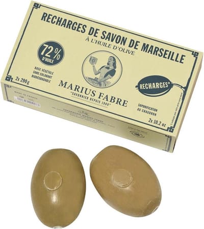 Groene Marseillezeep (Savon de Marseille) zeepbollen voor wandhouder (navulverpakking 2 stuks) – zonder palmolie en plasticvrij verpakt - Natuurlijke pure Marseille zeep - vegan - dierproefvrij - zonder chemische toevoegingen