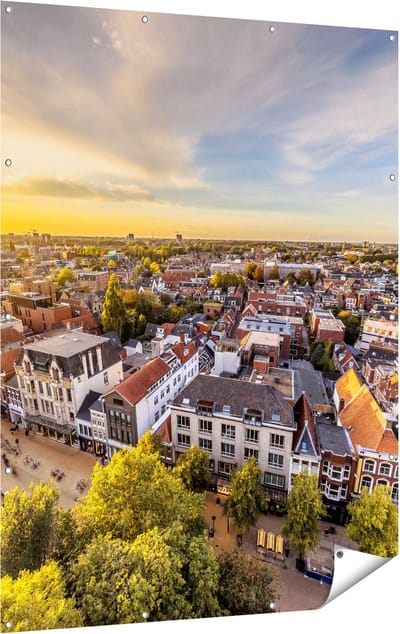 Gards Tuinposter Groningen Skyline Stad bij Zonsondergang - 120x160 cm - Tuindoek - Tuindecoratie - Wanddecoratie buiten - Tuinschilderij