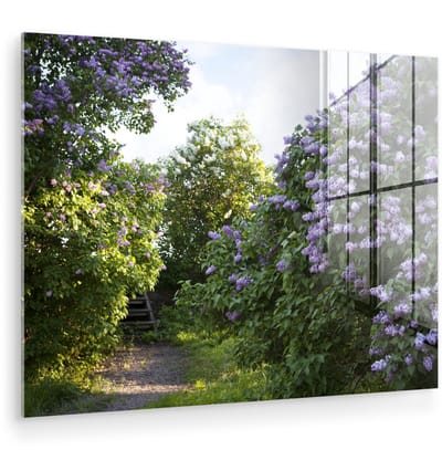 ® Glasschilderij 160x120 cm - Schilderij acrylglas - Een pad tussen de seringen - Foto op glas - Muurdecoratie woonkamer - Wanddecoratie slaapkamer - Schilderijen