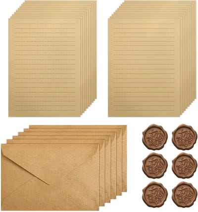 Vintage Briefpapier Set met Gelinieerd Kraftpapier, Enveloppen en Lakzegel Stickers voor Luxe Bruiloft en Verjaardag Decoratie