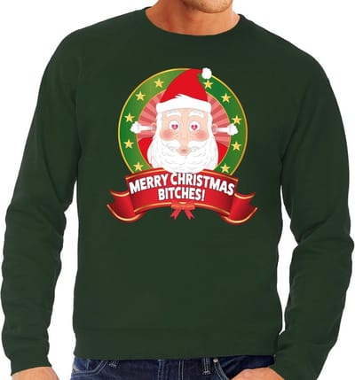 Bellatio Decorations Foute kersttrui - sweater - groen - Kerstman met hartjes ogen - Merry Christmas Bitches - voor heren S