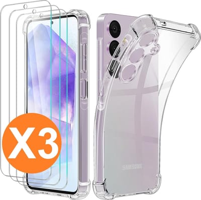 Hoesje Geschikt Voor Samsung Galaxy A55 5G Hoesje transparant Anti Shock silicone Hoesje Geschikt Voor Samsung Galaxy A55 Screenprotector Glazen 3 pack