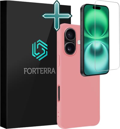 Hoesje Met Screenprotector - Geschikt voor Apple iPhone 16 - Sterk & Shockproof - Telefoon Hoes - Back Cover - Siliconen Case - Lichtroze