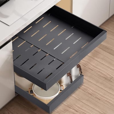 Famanu - Set van 2 telescopische laden, uittrekbare lade keuken, keukenkastorganizer voor keukenkasten, ladeorganizer, geen boren en spijkeren nodig keukenlade (Donkergrijs (2 stuks))