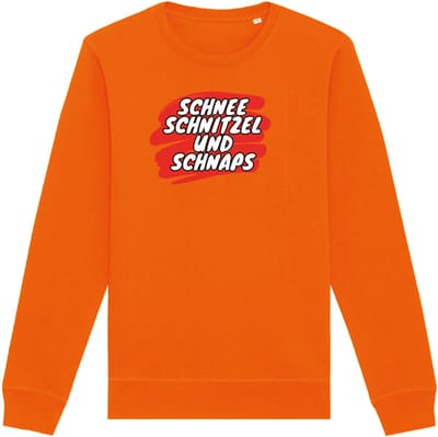 Schnee, schnitzel und schnaps wintersport sweater oranje S - soBAD. | Foute apres ski outfit | kleding | verkleedkleren | wintersporttruien | wintersport dames en heren