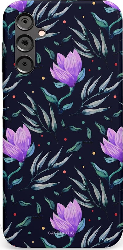 Casetastic hoesje geschikt voor Samsung Galaxy A14 (2023) 5G / Samsung Galaxy A14 (2023) 4G - Dubbellaagse bescherming - Mystieke bloemenzee - Fashion Case - Donkerblauw Donkergrijs Grijs Lavendel