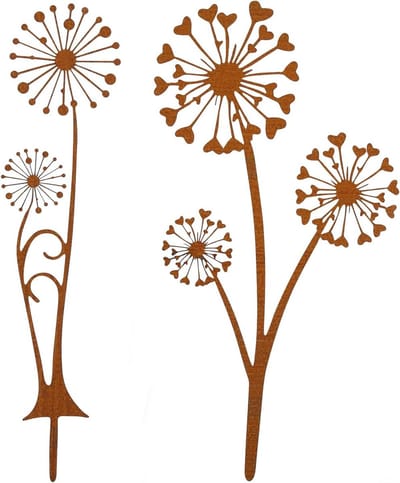 Set van 2 Tuinstaken van Metaal met Roestdecoratie voor Tuin, Patio en Balkon - Dandelion Design, Tuinaccessoires, Buitenversiering