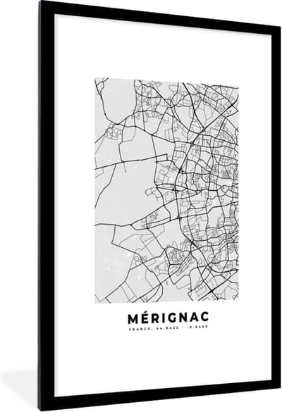 Fotolijst incl. Poster - Kaart - Stadskaart - Mérignac - Plattegrond - Frankrijk - 80x120 cm - Posterlijst