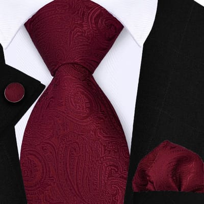 Sorprese Stropdas met Pochet en Manchetknopen - Paisley Bordeaux rood - 8cm - 100% Zijde - Pochette - Kerst