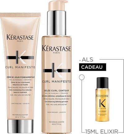 Kérastase Curl Manifesto Styling Duo + Cadeau - Leave-in Conditioner Crème 150ml & Styling Haargel-crème 150ml + Elixir Ultime Haarolie 15ml Cadeau - Voor Gedefinieerde & Veerkrachtige Krullen